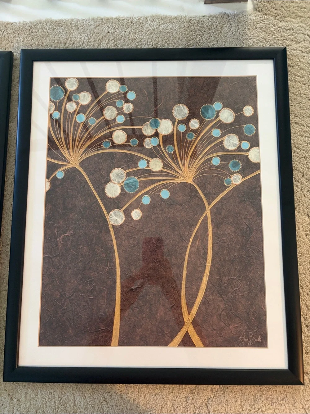 Set of 3: Alan Buckle Framed Floral Burst Wall Art in Teal, White & Gold